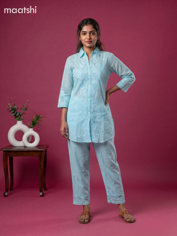 Blue Mul Chanderi Embroidery Work Short Co-Ord Set