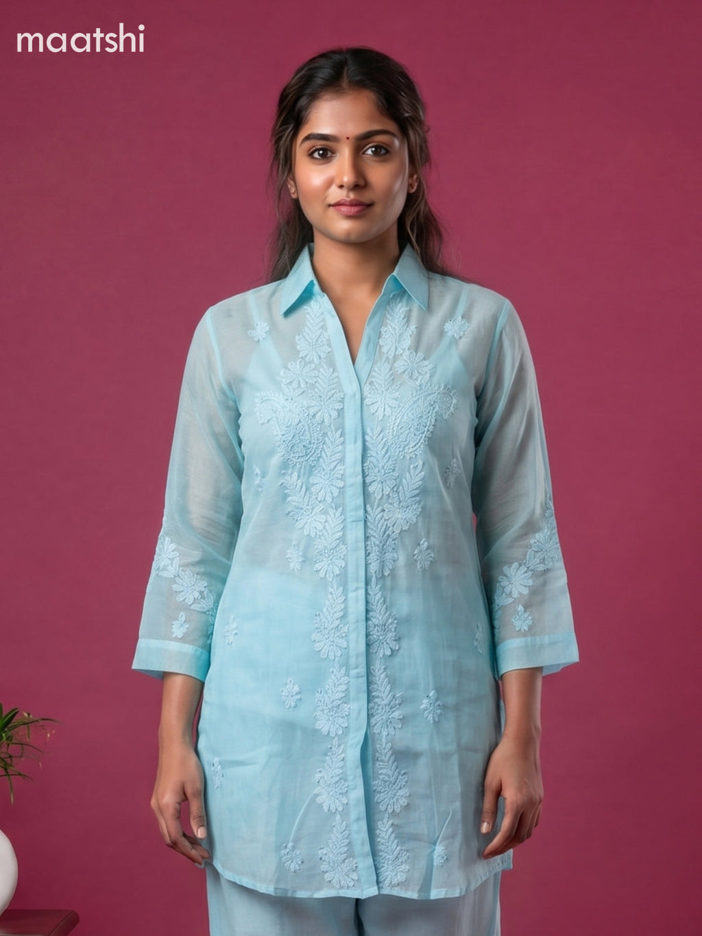 Blue Mul Chanderi Embroidery Work Short Co-Ord Set