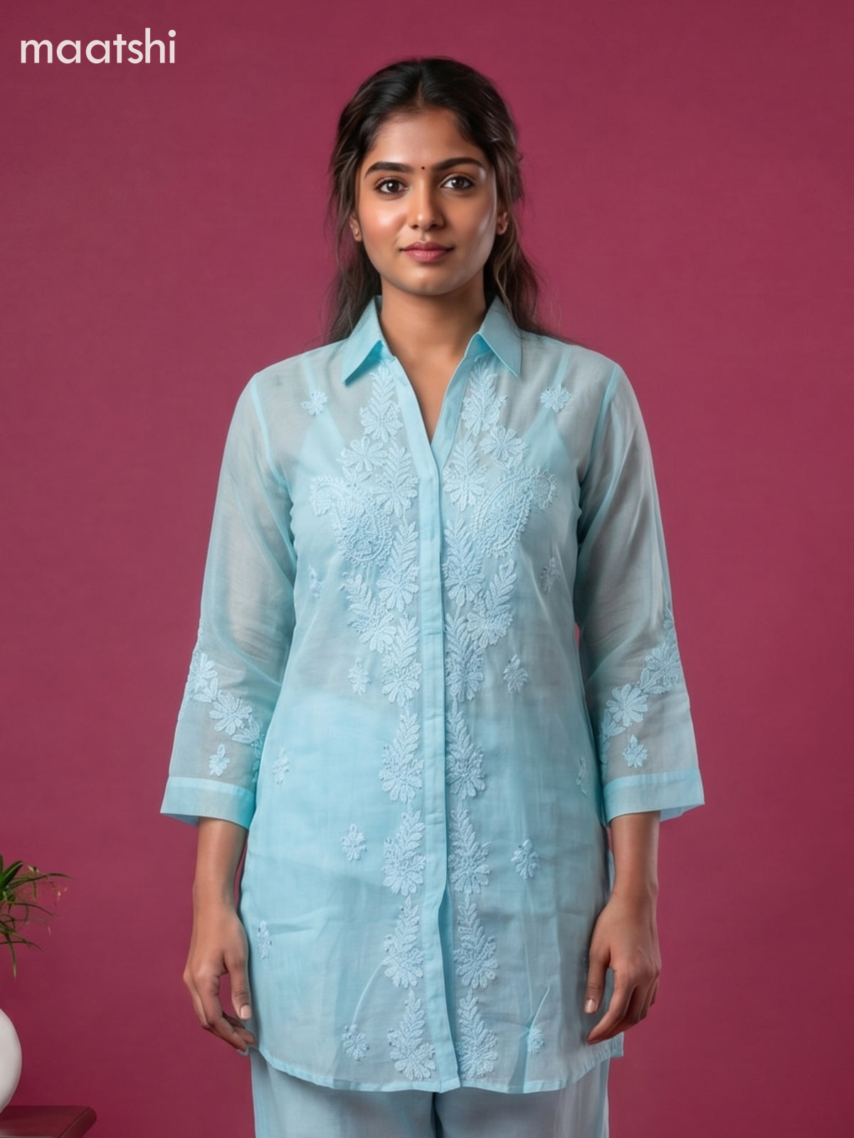Blue Mul Chanderi Embroidery Work Short Co-Ord Set