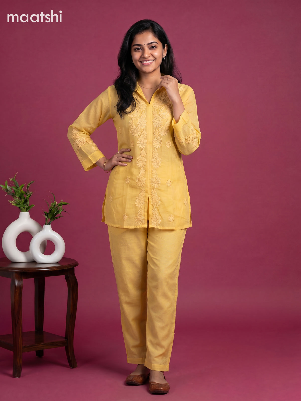 Yellow Mul Chanderi Embroidery Work Short Co-Ord Set