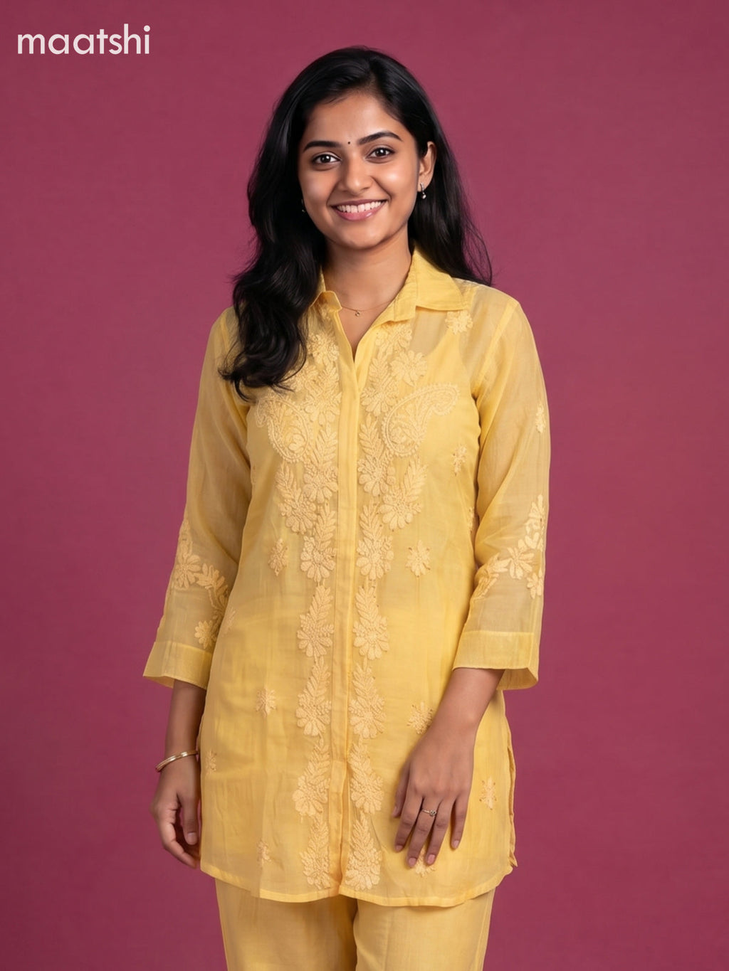 Yellow Mul Chanderi Embroidery Work Short Co-Ord Set