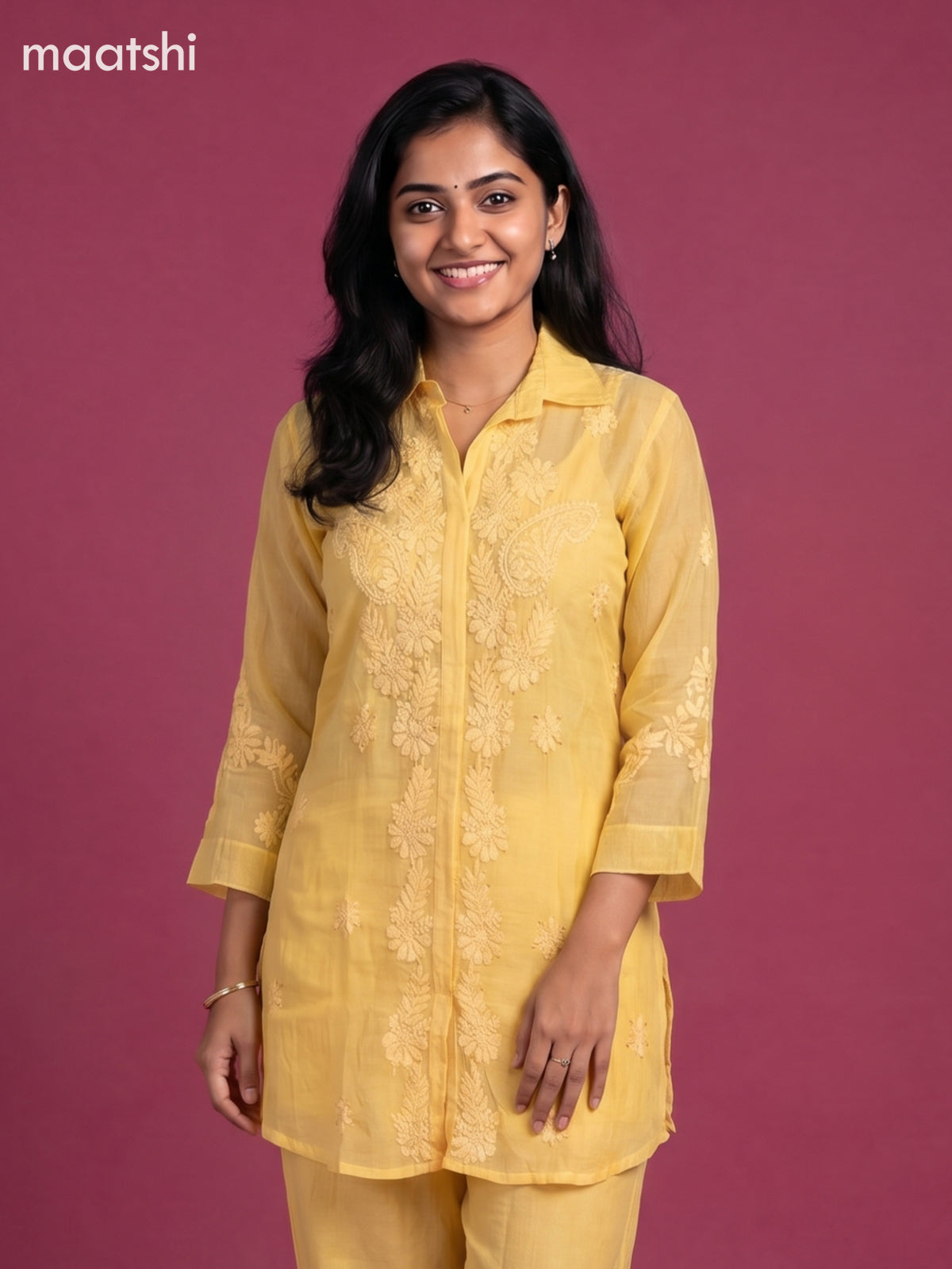 Yellow Mul Chanderi Embroidery Work Short Co-Ord Set