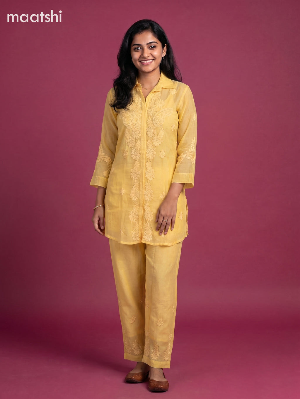 Yellow Mul Chanderi Embroidery Work Short Co-Ord Set