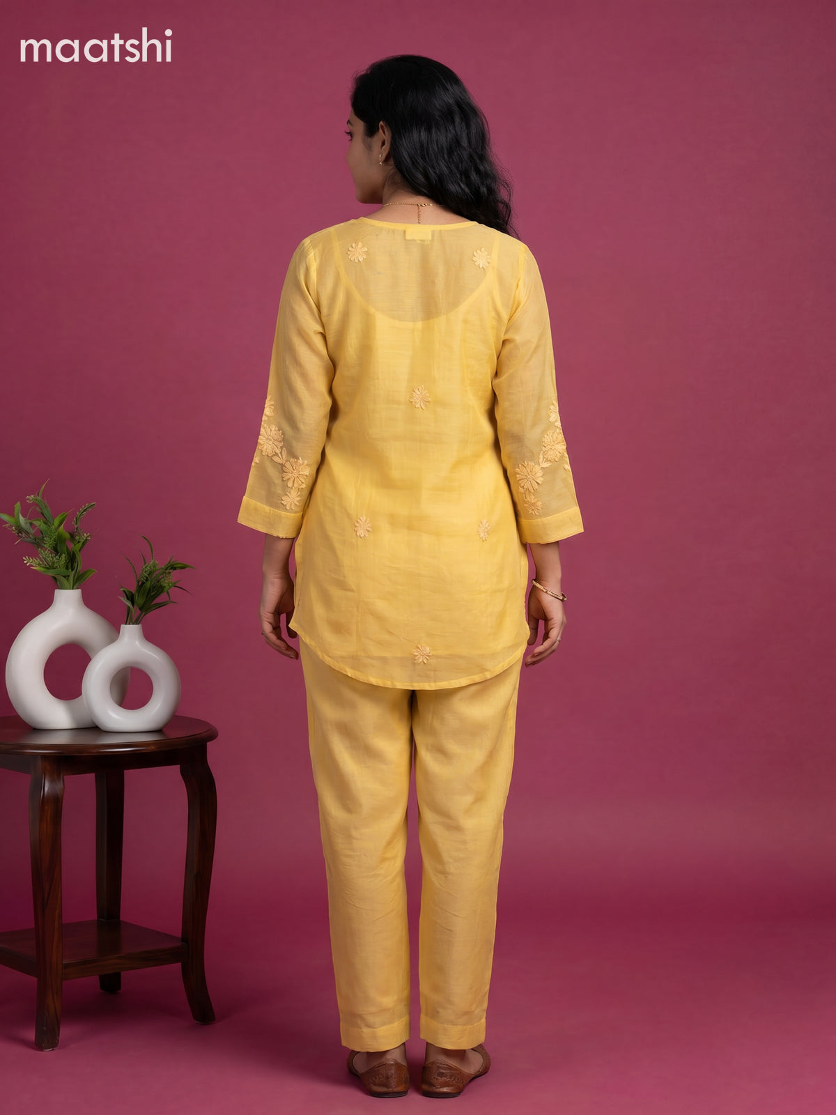 Yellow Mul Chanderi Embroidery Work Short Co-Ord Set