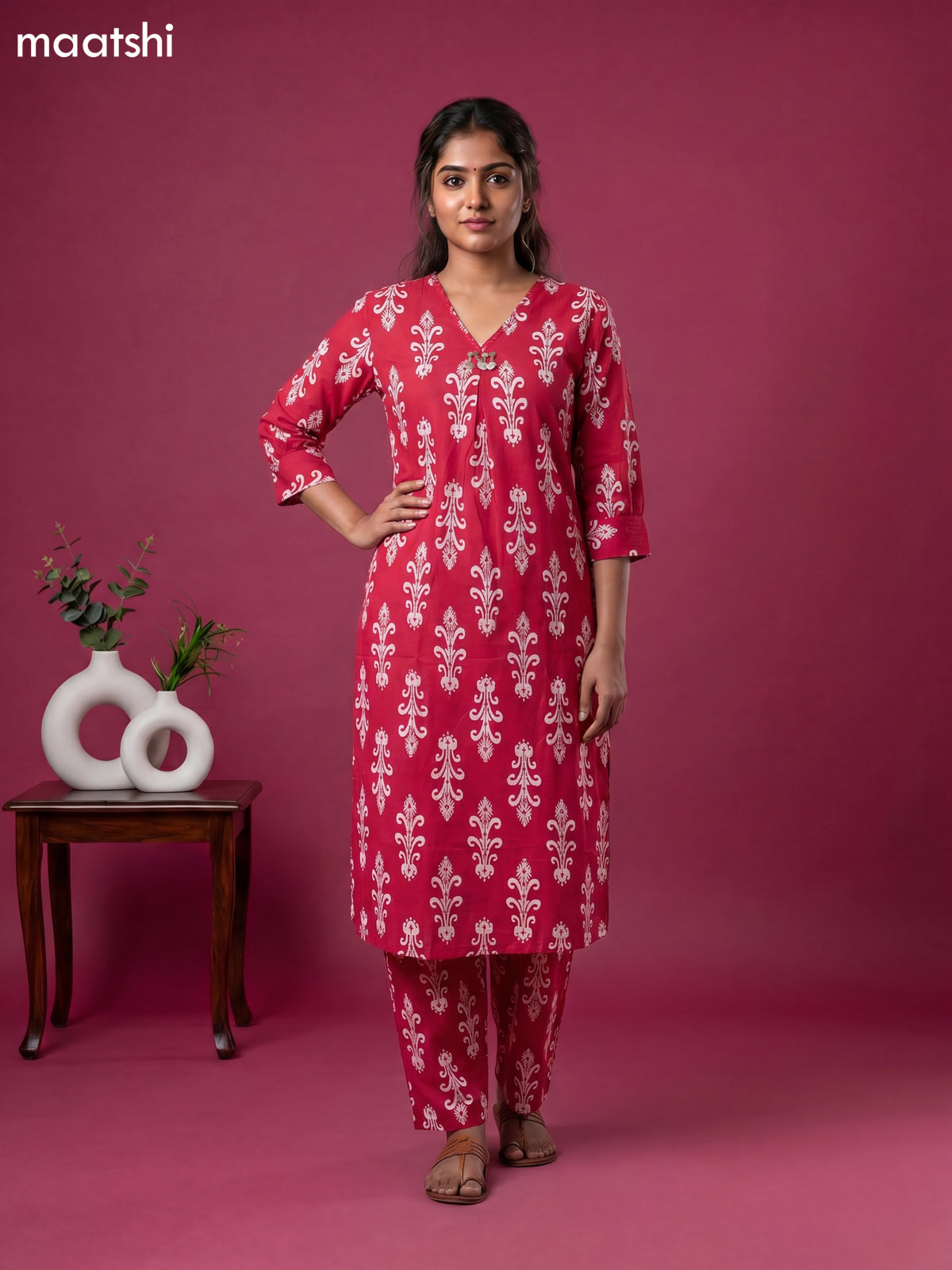 Magenta Pink and Off White Cotton Floral Long Co-Ord Set
