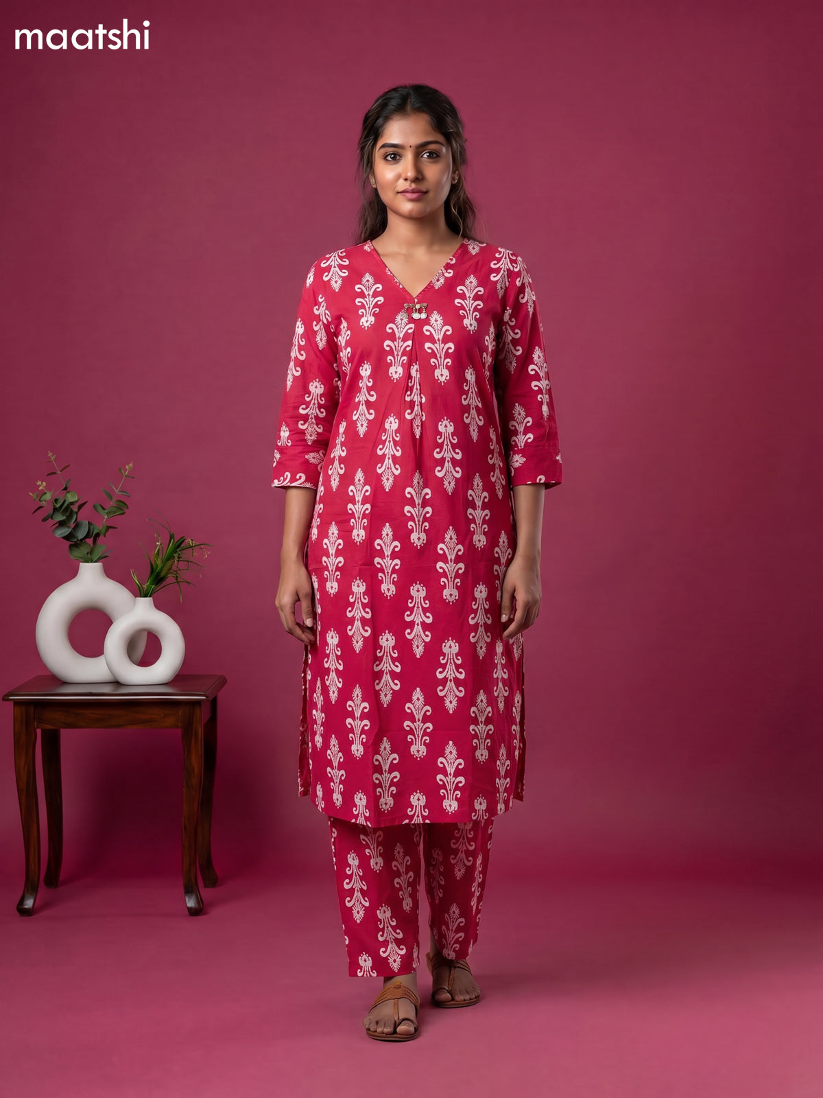 Magenta Pink and Off White Cotton Floral Long Co-Ord Set