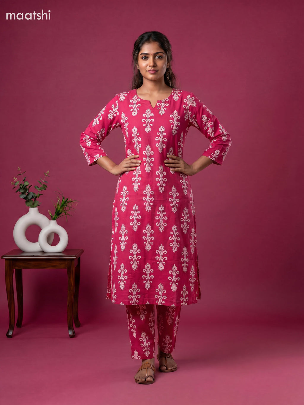 Magenta Pink and Off White Cotton Floral Long Co-Ord Set