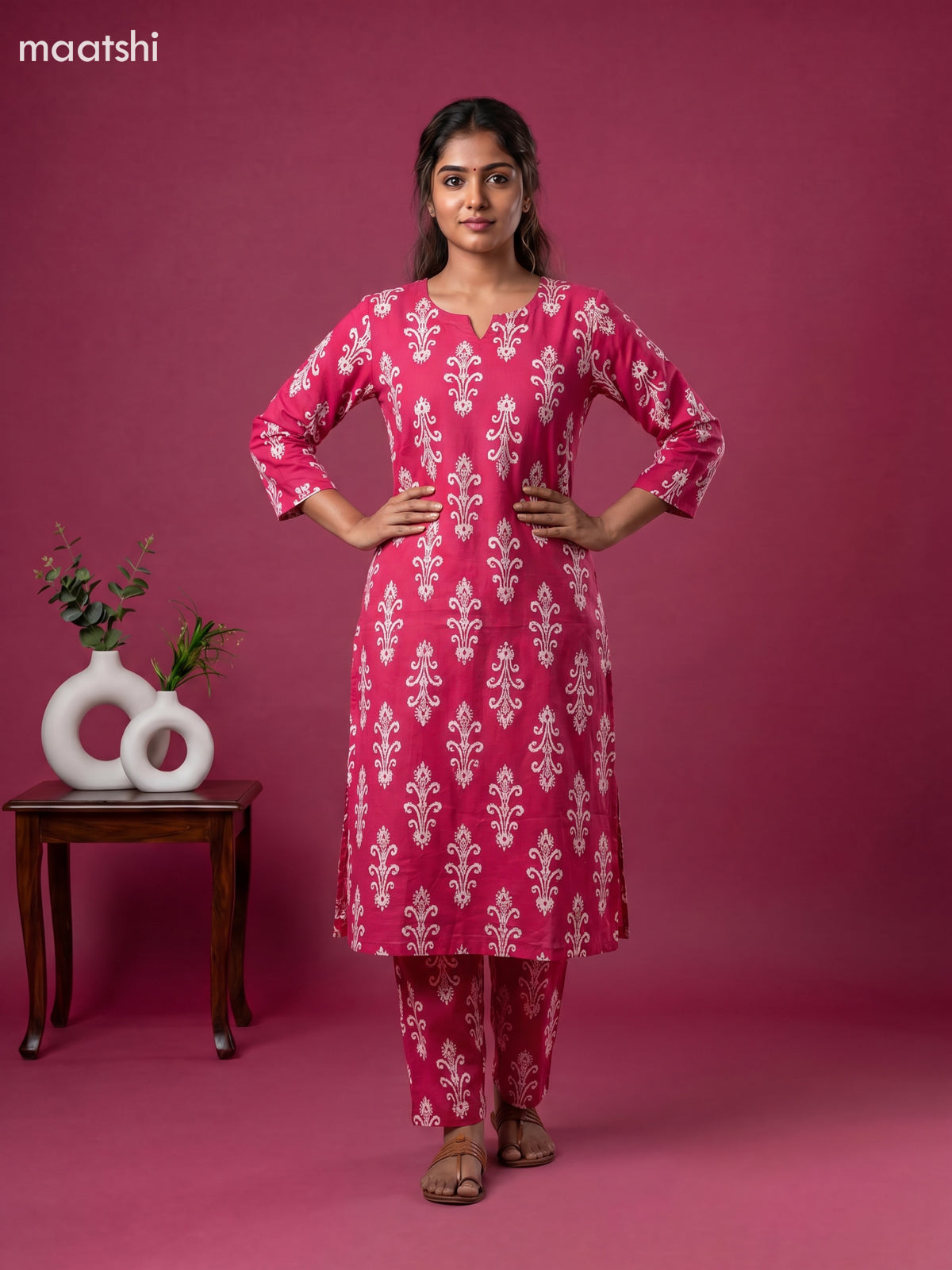 Magenta Pink and Off White Cotton Floral Long Co-Ord Set