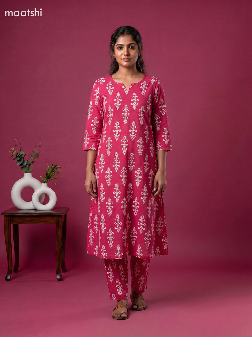 Magenta Pink and Off White Cotton Floral Long Co-Ord Set