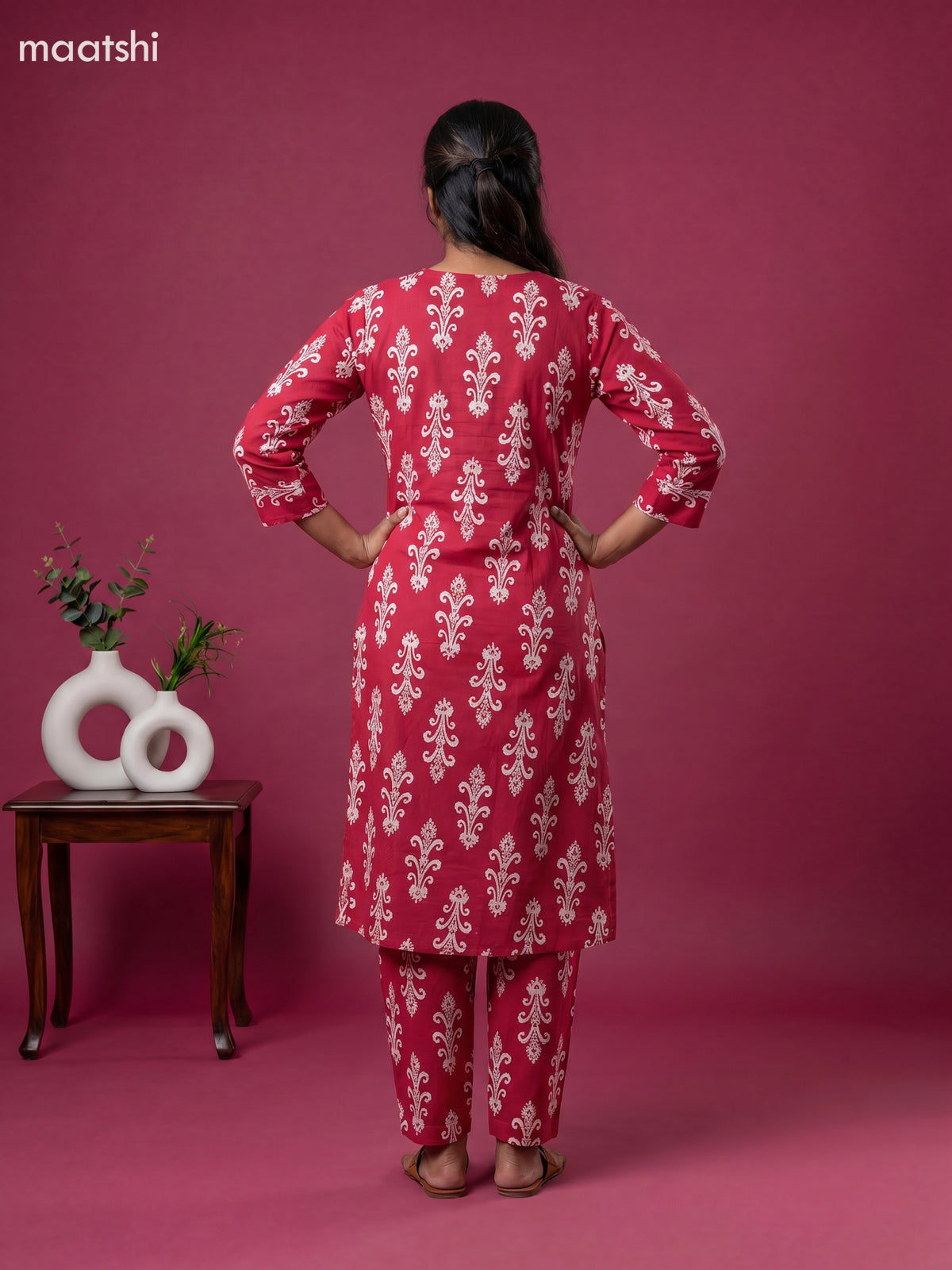 Magenta Pink and Off White Cotton Floral Long Co-Ord Set