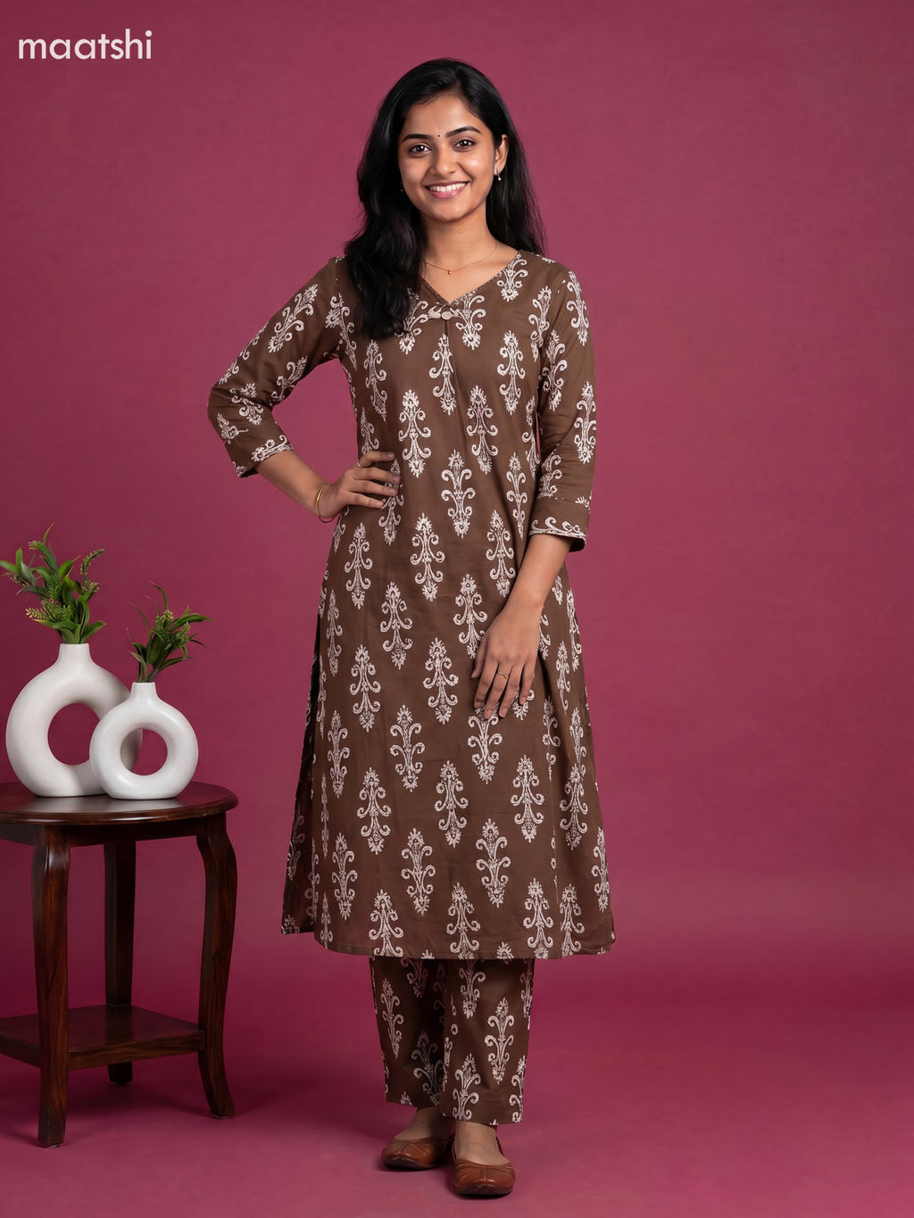 Brown and Off White Cotton Floral Long Co-Ord Set