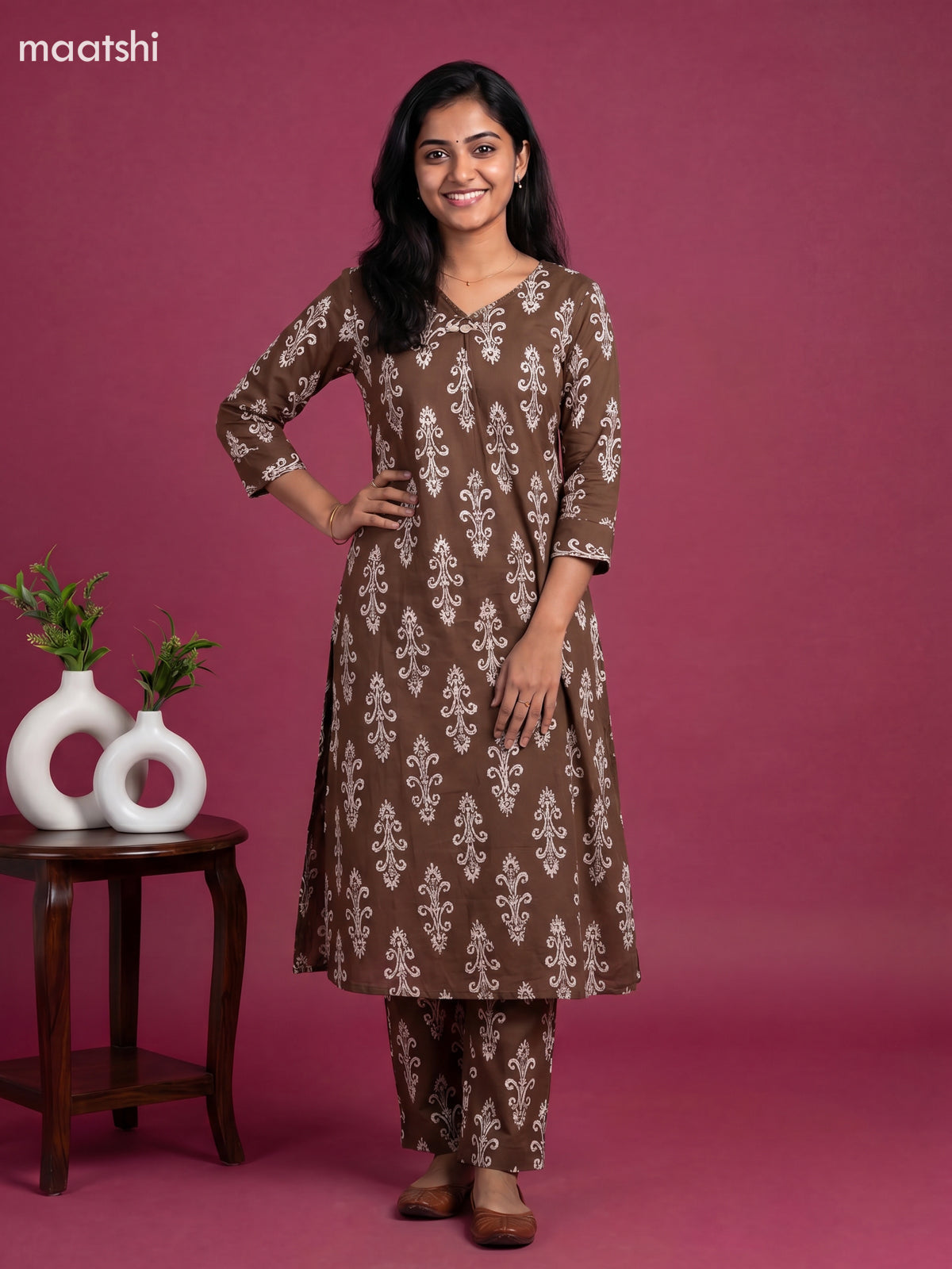 Brown and Off White Cotton Floral Long Co-Ord Set