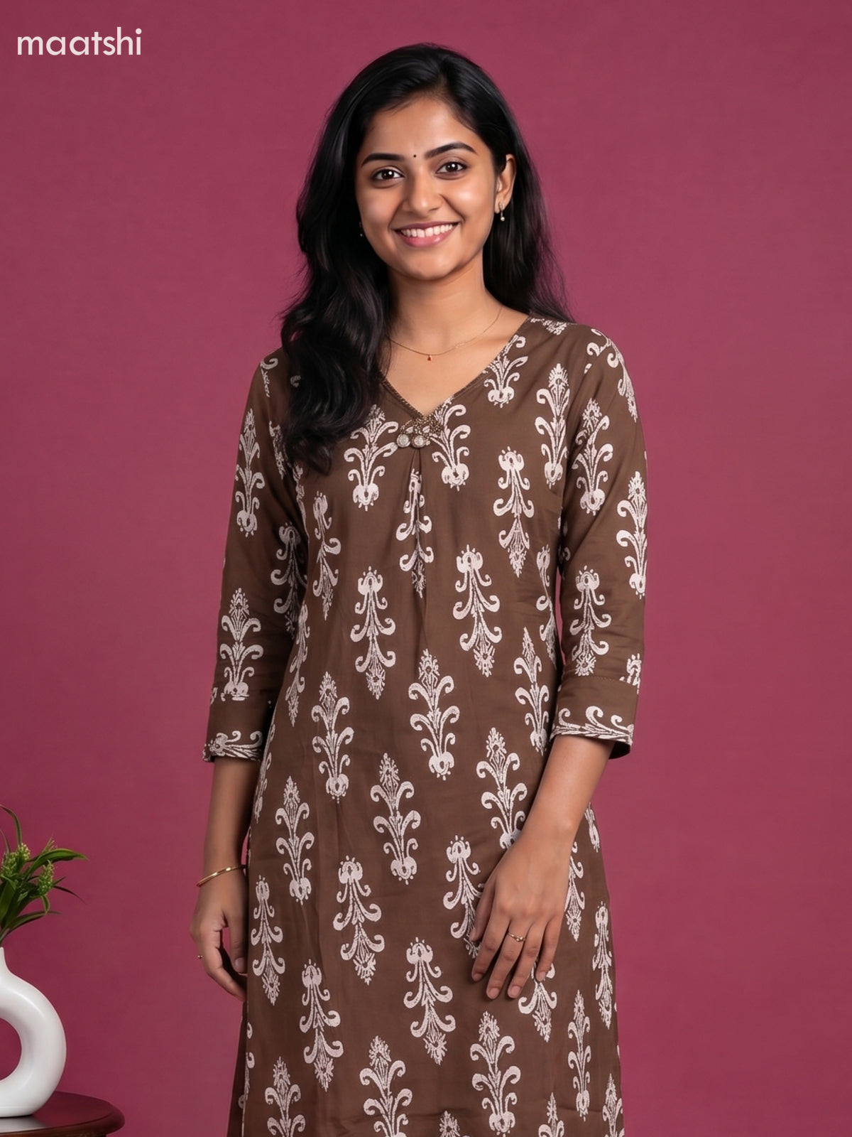 Brown and Off White Cotton Floral Long Co-Ord Set