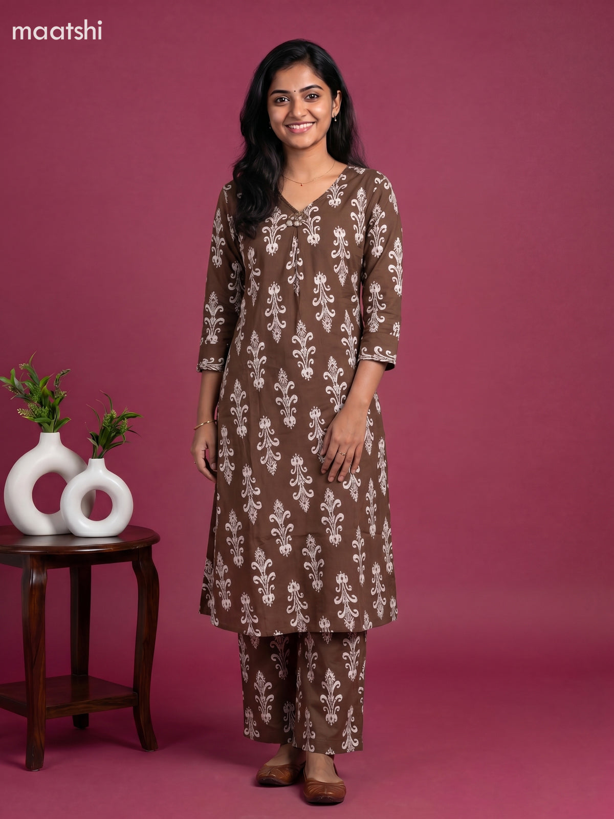 Brown and Off White Cotton Floral Long Co-Ord Set