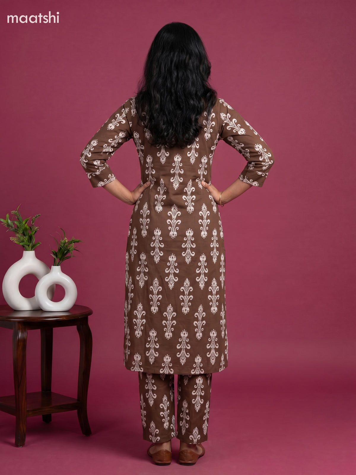 Brown and Off White Cotton Floral Long Co-Ord Set
