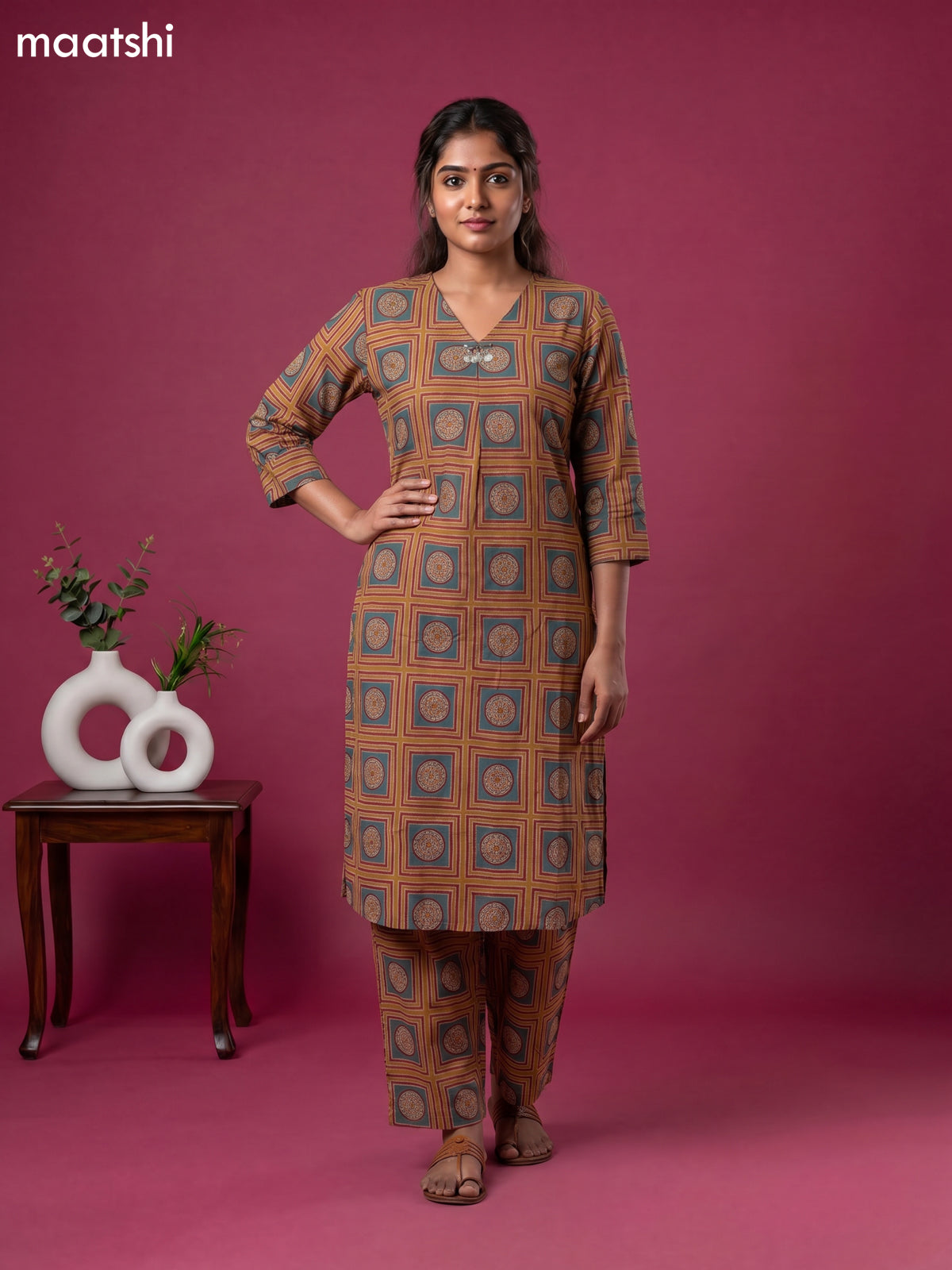 Mustard Yellow and Kumkum Red Cotton Prited Long Co-Ord Set