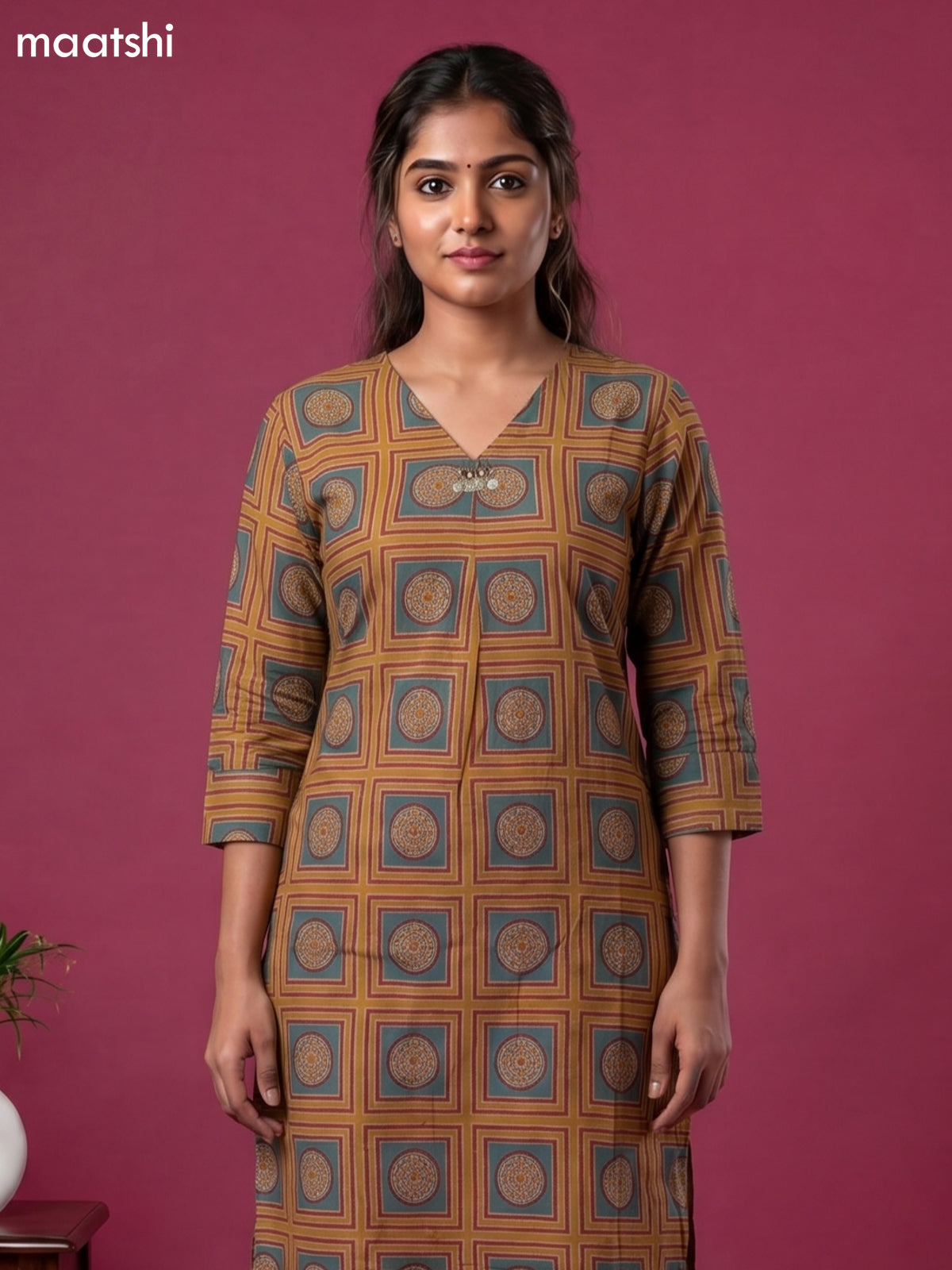 Mustard Yellow and Kumkum Red Cotton Prited Long Co-Ord Set