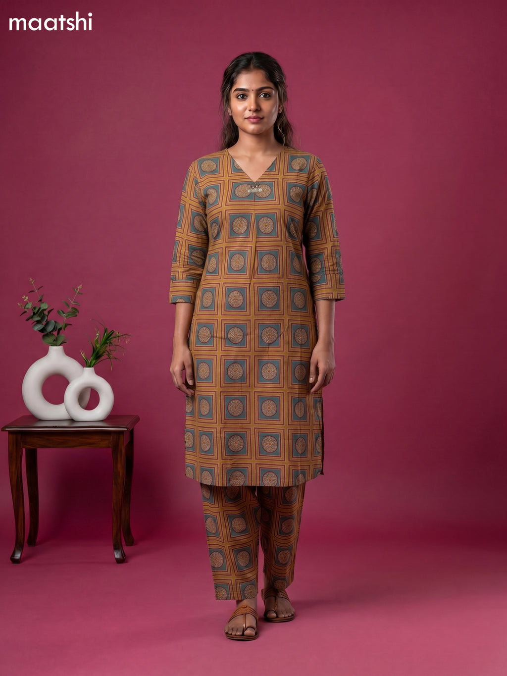 Mustard Yellow and Kumkum Red Cotton Printed Long Co-Ord Set