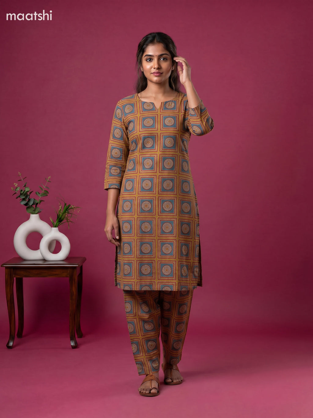 Mustard Yellow and Kumkum Red Cotton Prited Long Co-Ord Set
