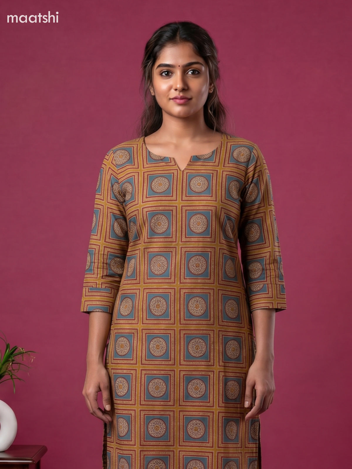 Mustard Yellow and Kumkum Red Cotton Prited Long Co-Ord Set