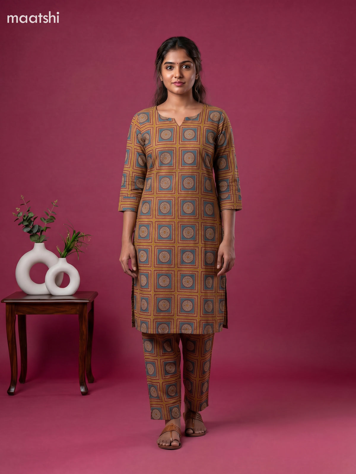 Mustard Yellow and Kumkum Red Cotton Prited Long Co-Ord Set