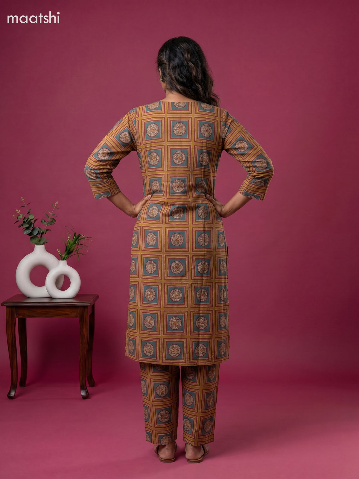 Mustard Yellow and Kumkum Red Cotton Prited Long Co-Ord Set
