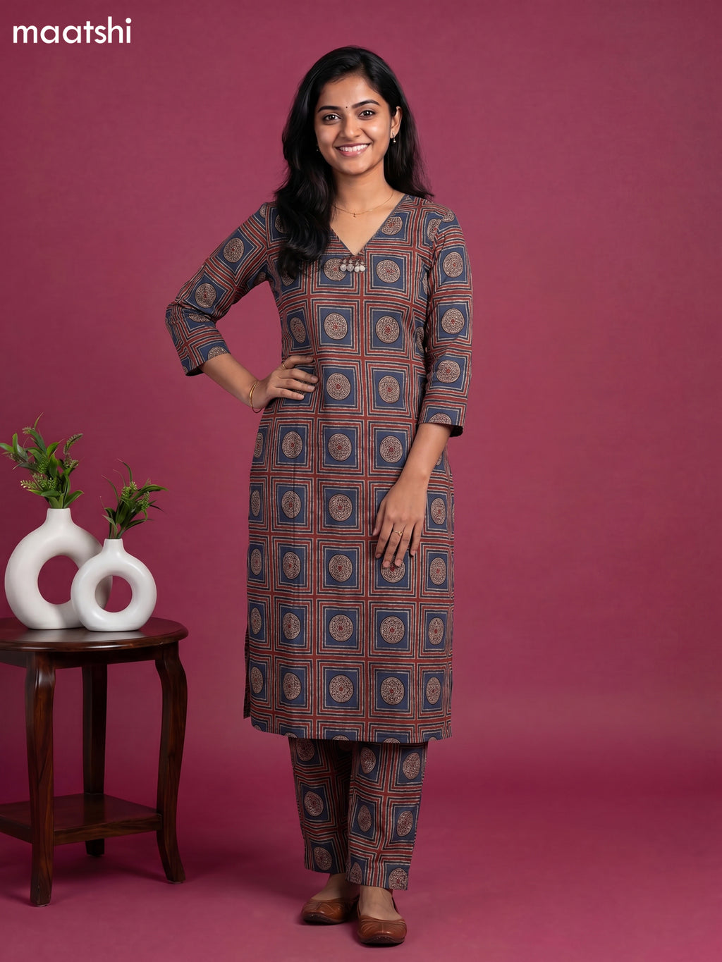 Maroon and Black Cotton Prited Long Co-Ord Set