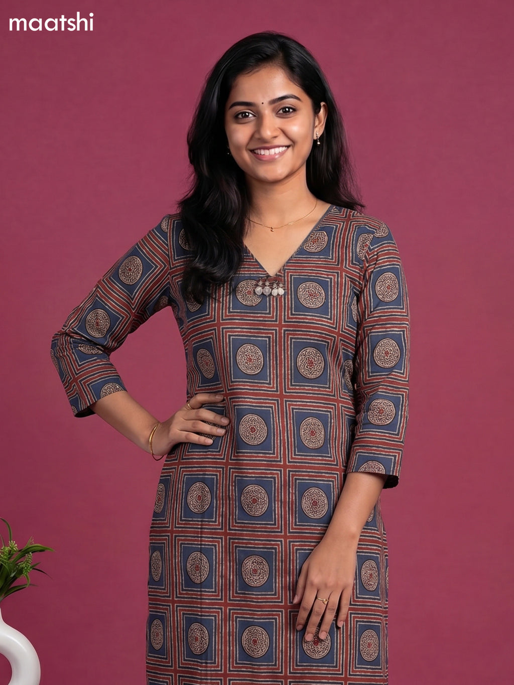 Maroon and Black Cotton Prited Long Co-Ord Set