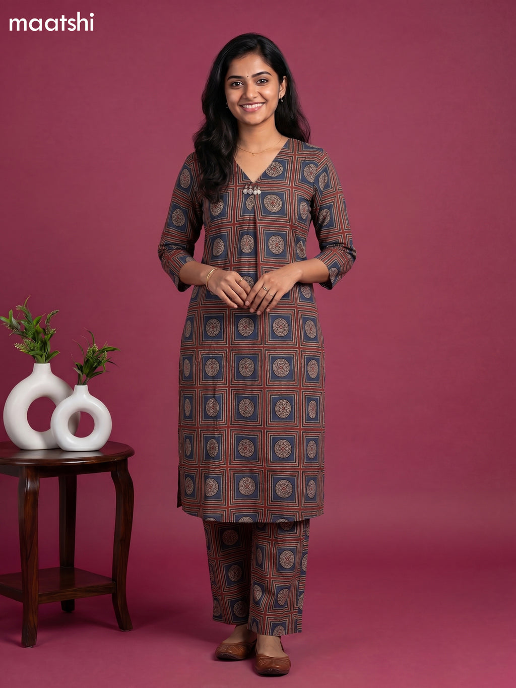 Maroon and Black Cotton Prited Long Co-Ord Set
