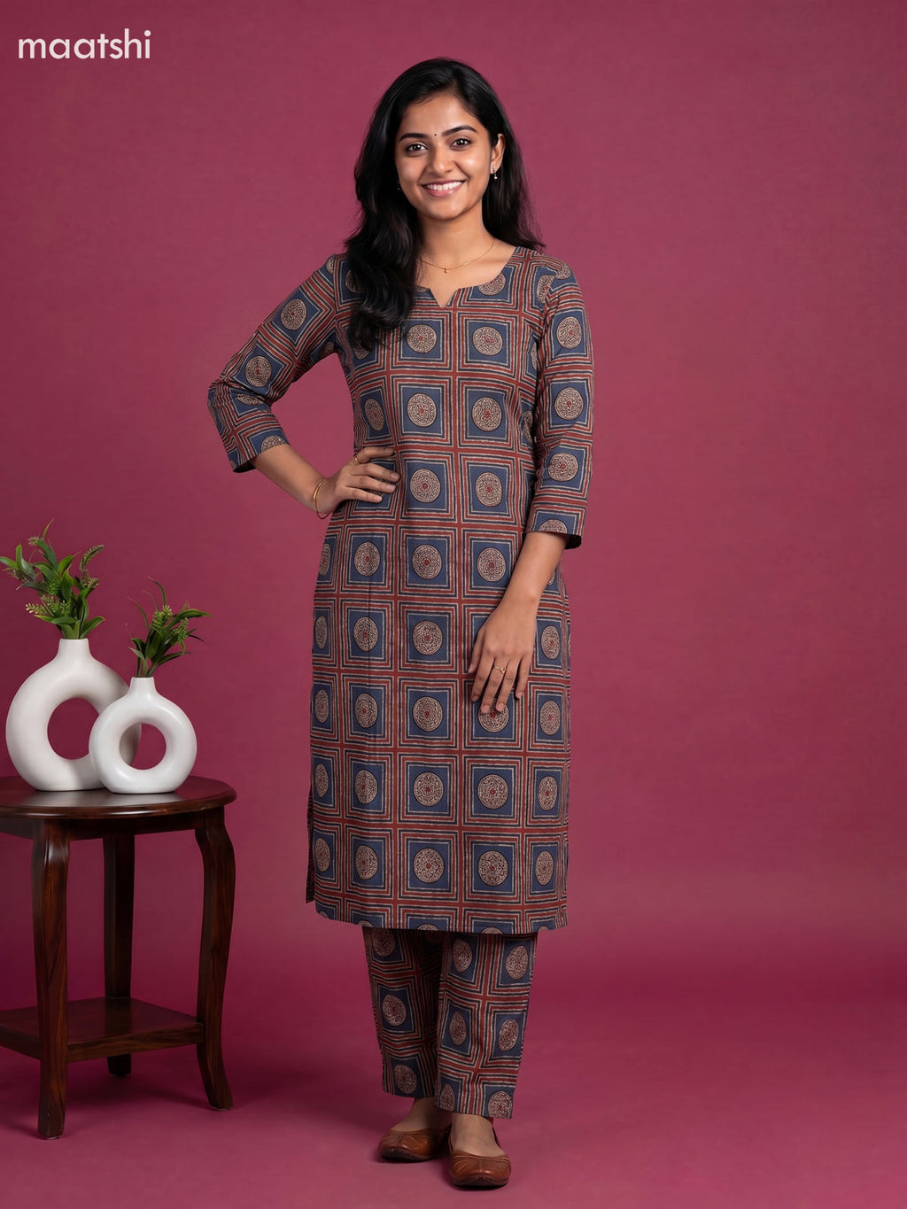 Maroon and Black Cotton Prited Long Co-Ord Set