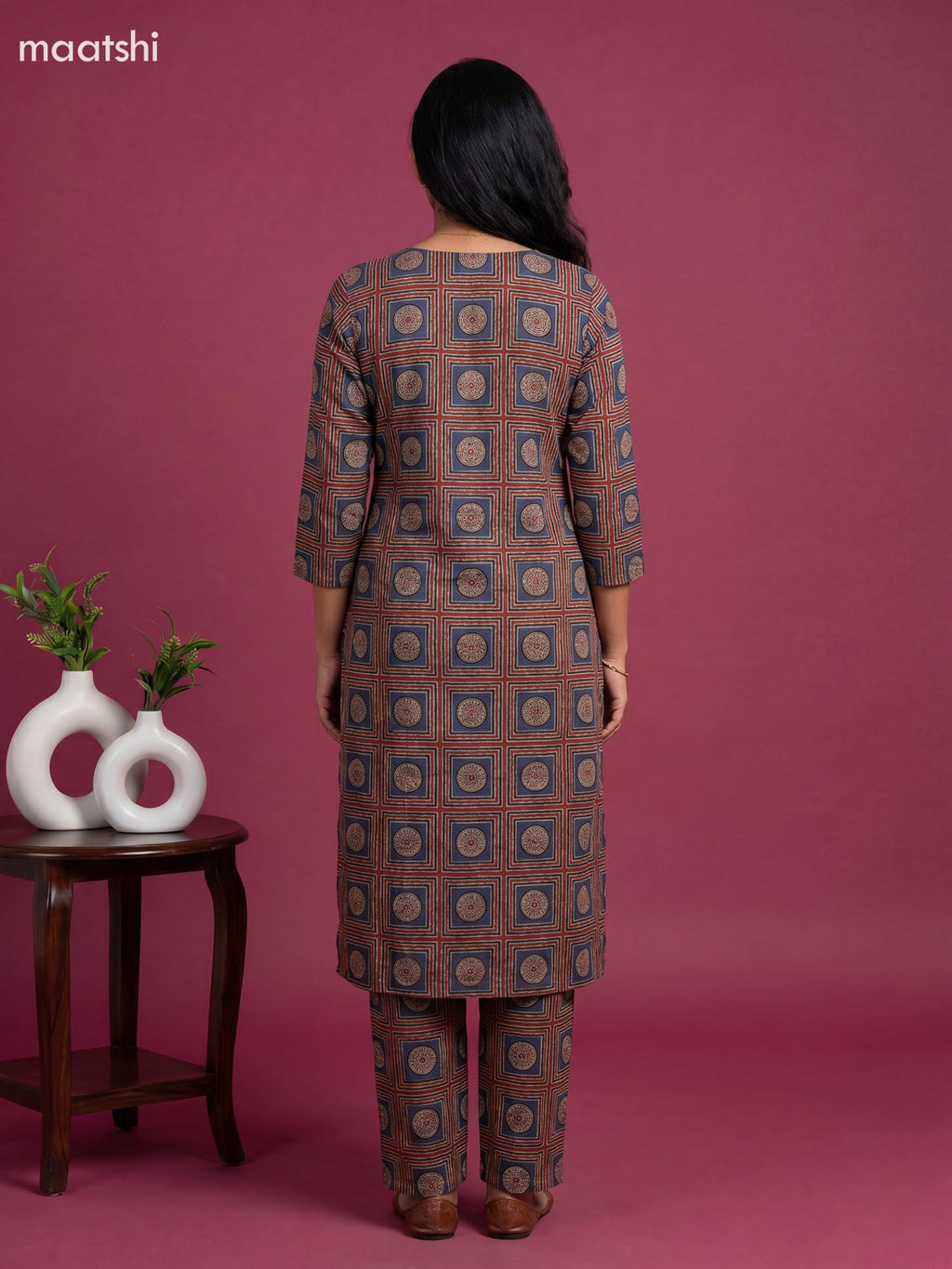 Maroon and Black Cotton Prited Long Co-Ord Set