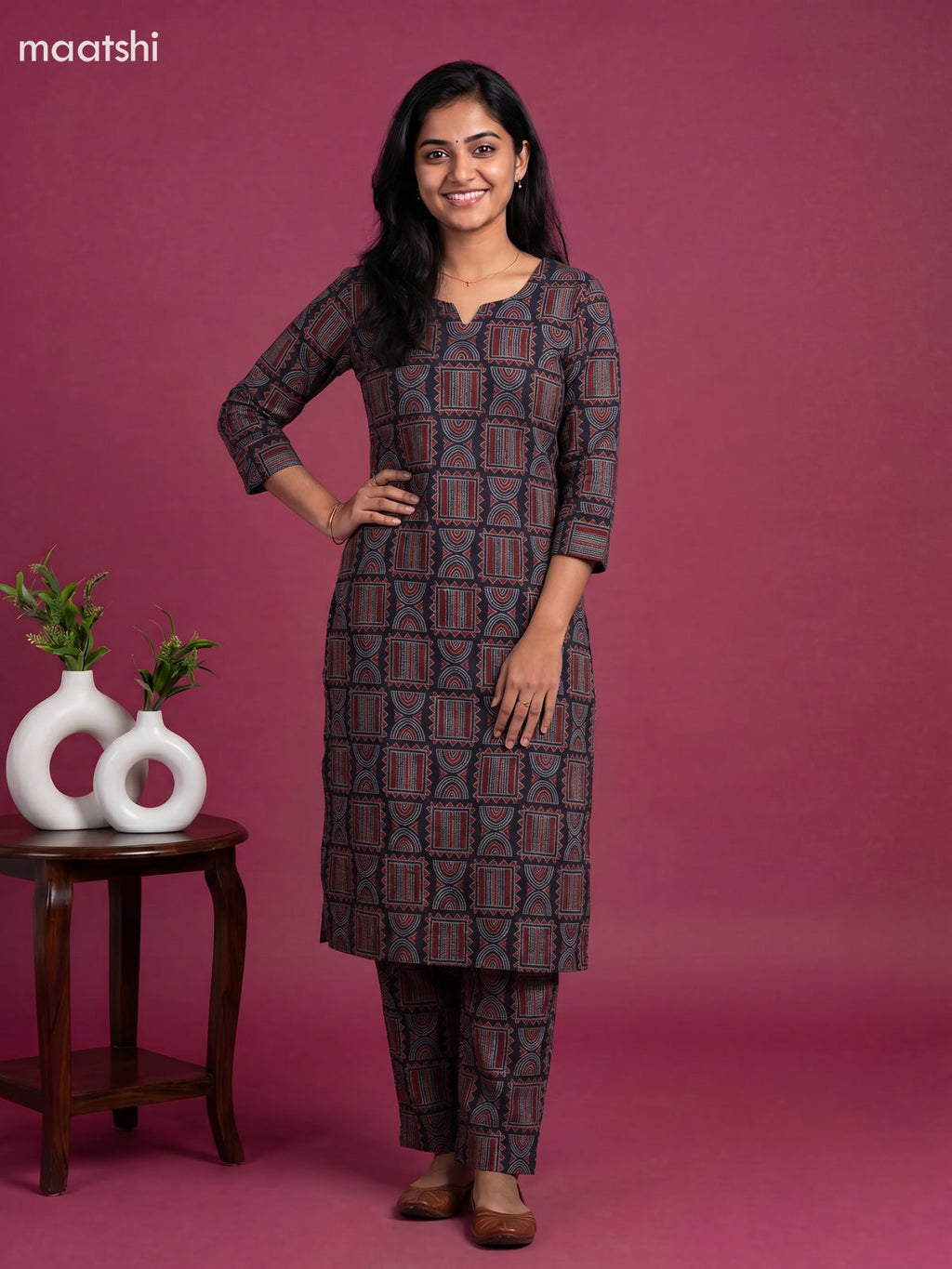 Black and Maroon Cotton Ajrakh Print Long Co-Ord Set