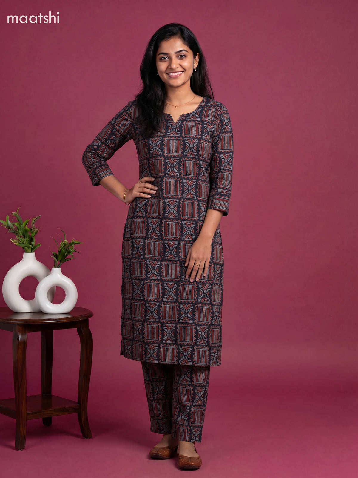 Black and Maroon Cotton Ajrakh Print Long Co-Ord Set