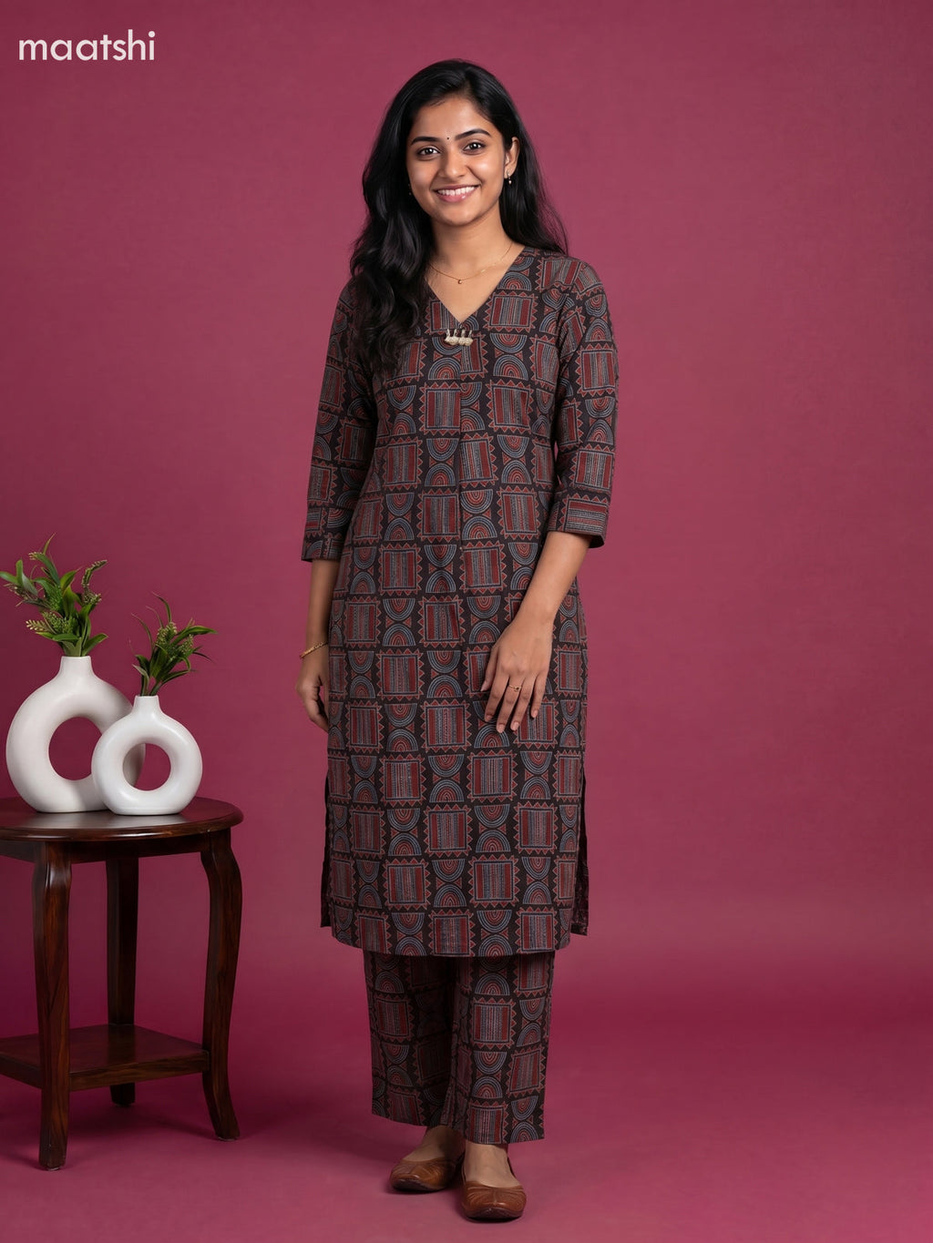 Black and Maroon Cotton Ajrakh Print Long Co-Ord Set