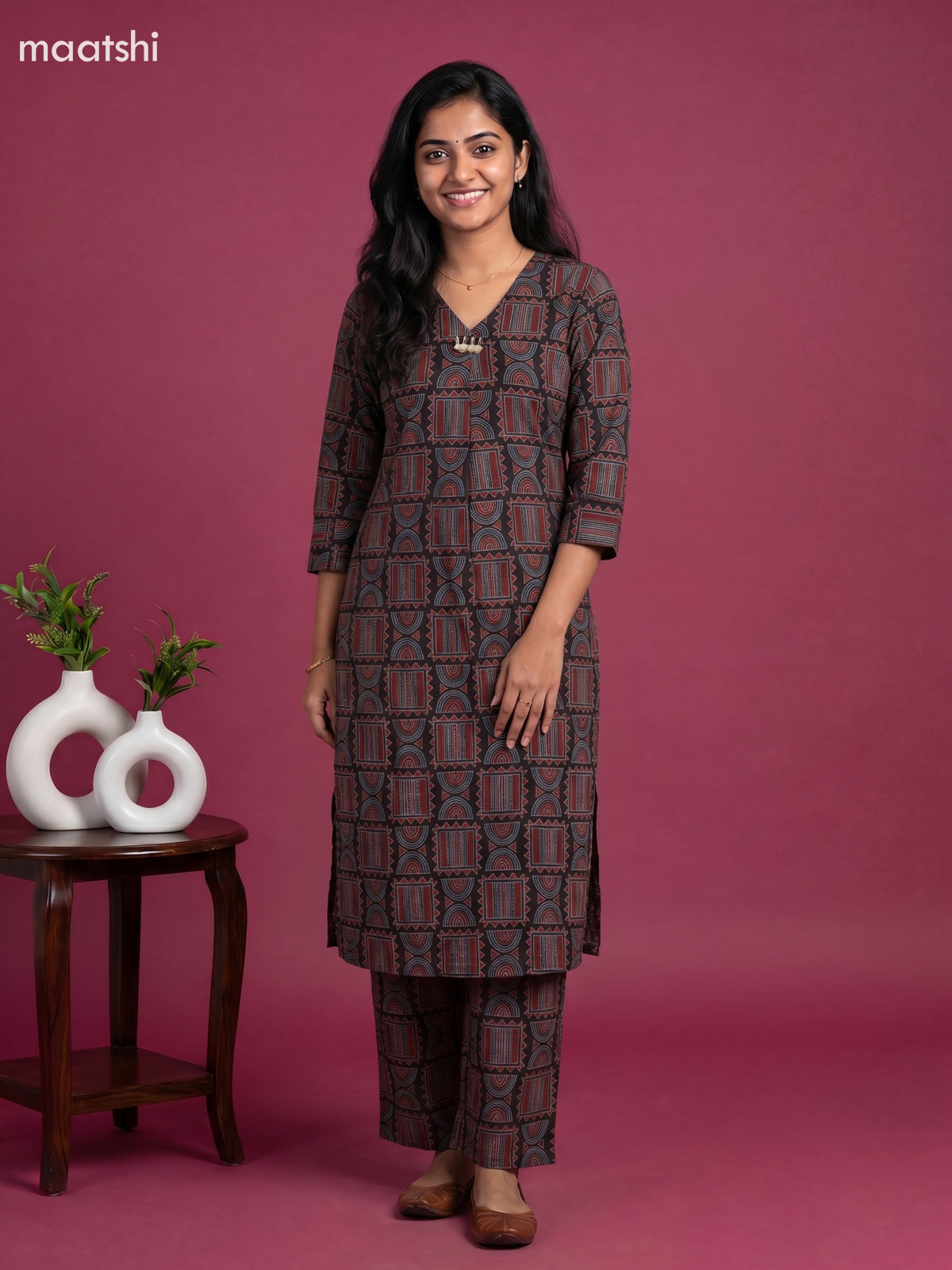 Black and Maroon Cotton Ajrakh Print Long Co-Ord Set