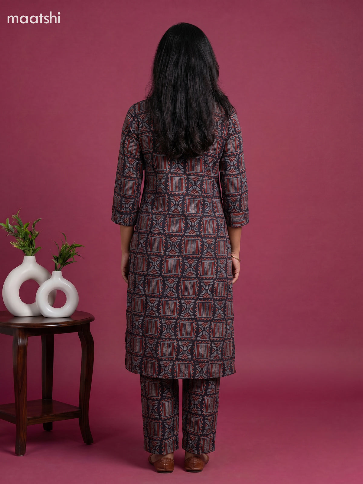 Black and Maroon Cotton Ajrakh Print Long Co-Ord Set