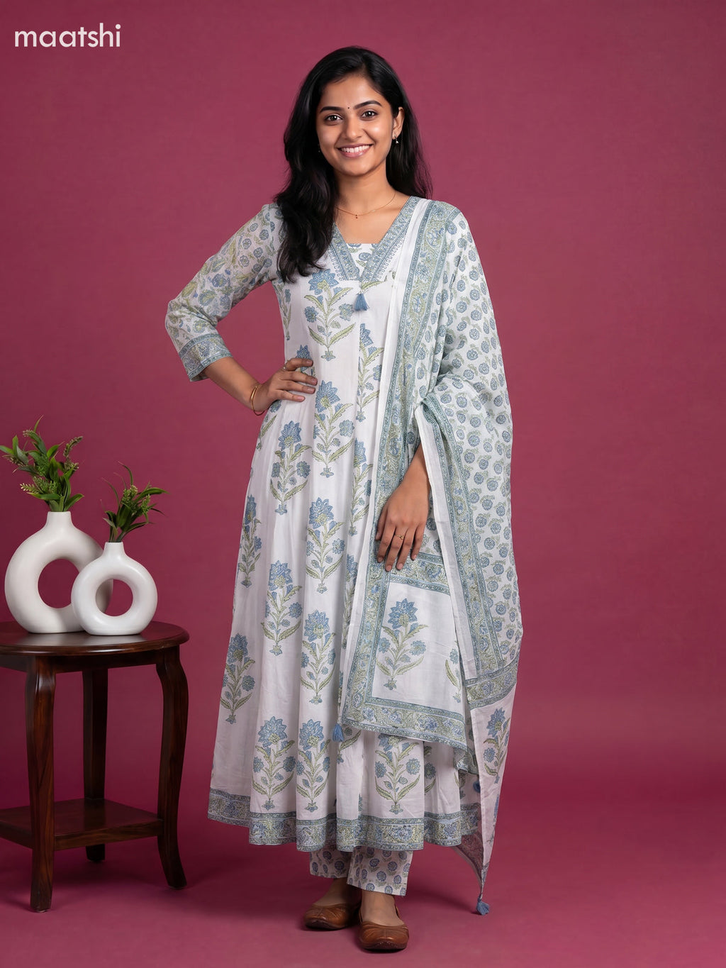 Off White and Blue Cotton Floral Printed Anarkali Suit