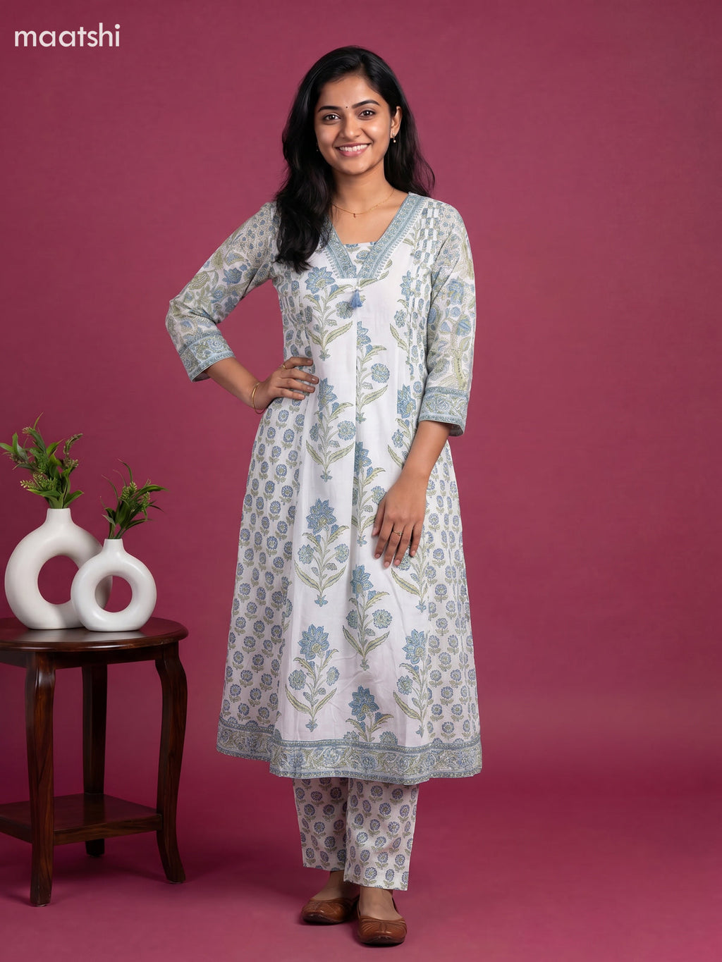 Off White and Blue Cotton Floral Printed Anarkali Suit