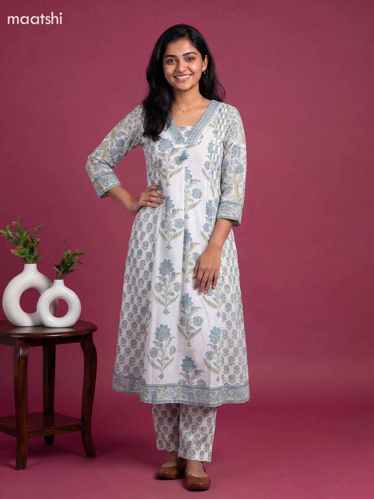 Off White and Blue Cotton Floral Printed Anarkali Suit