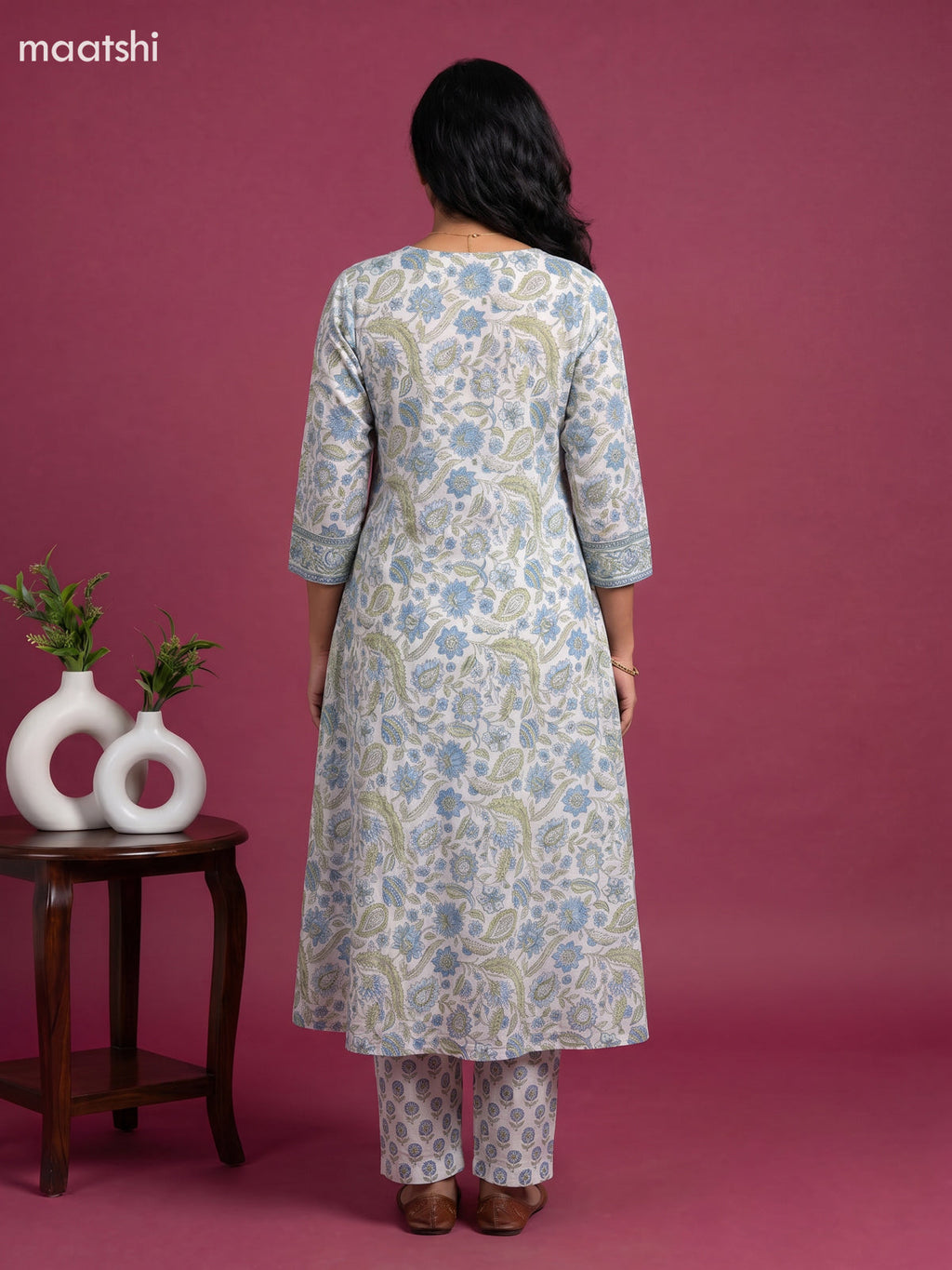 Off White and Blue Cotton Floral Printed Anarkali Suit