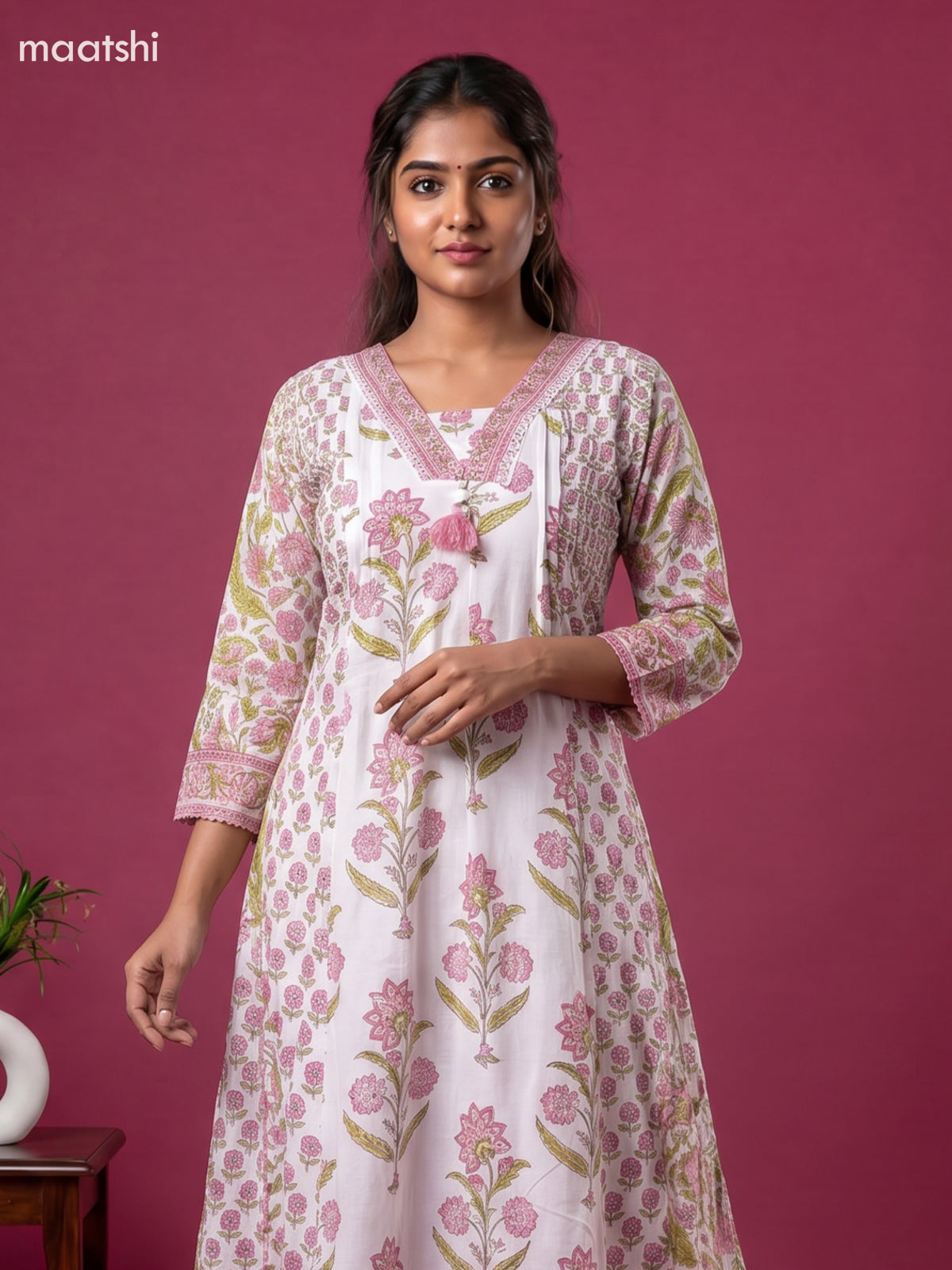 Off White and Pink Cotton Floral Printed Anarkali Suit