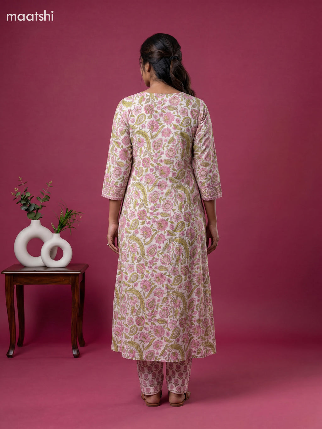 Off White and Pink Cotton Floral Printed Anarkali Suit