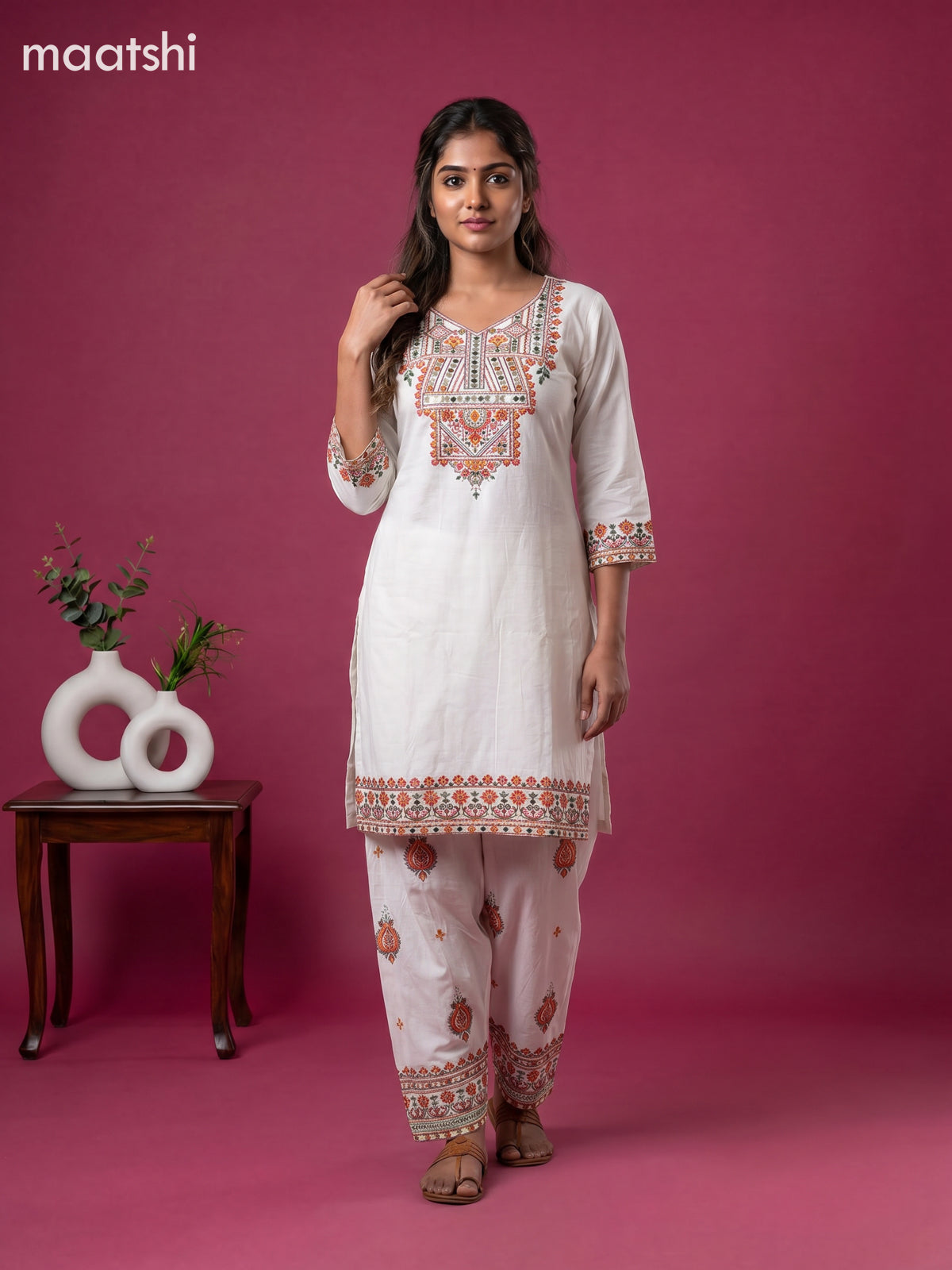 Off White Cotton Embroidery Work Kurti Set