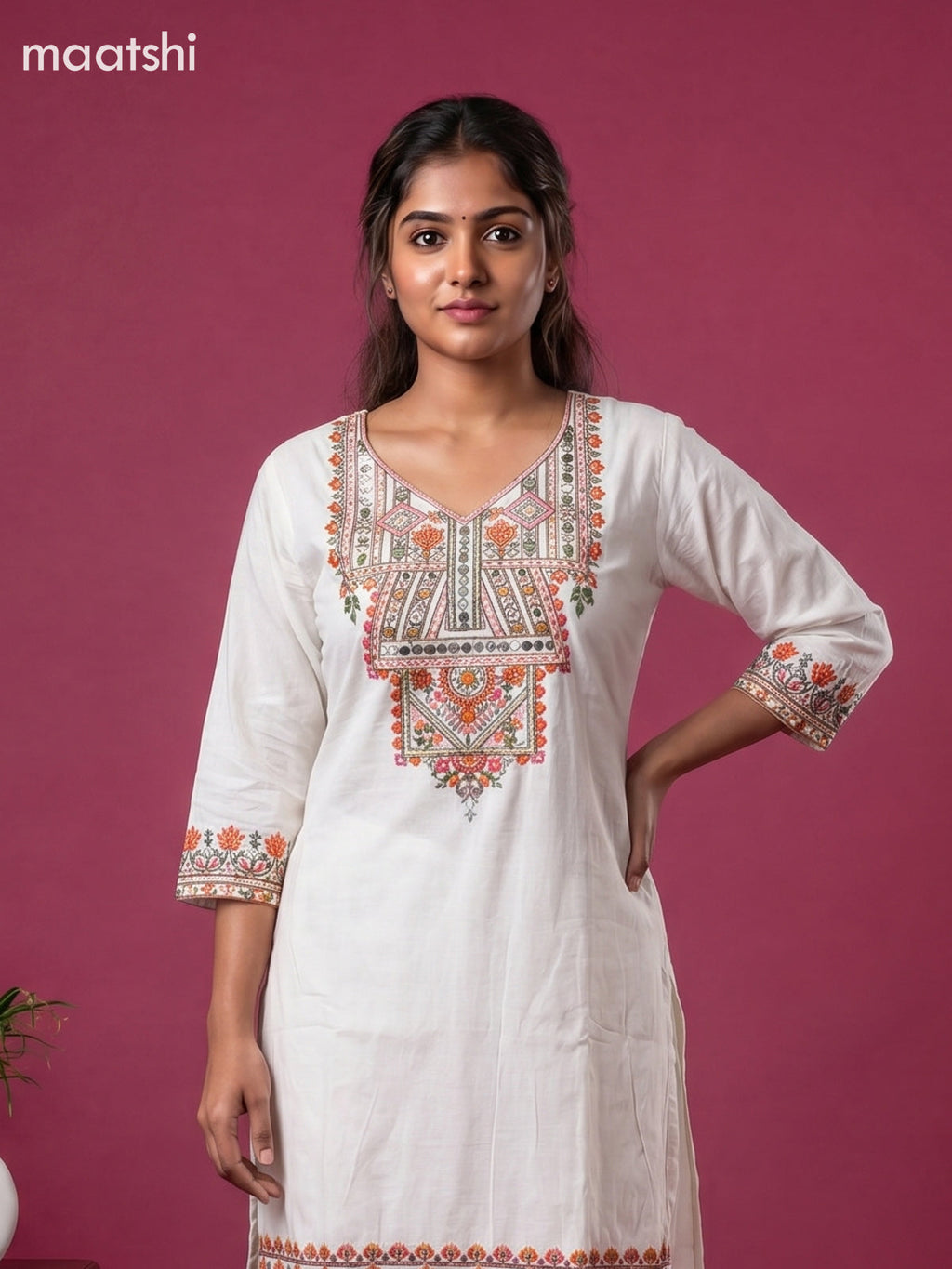 Off White Cotton Embroidery Work Kurti Set