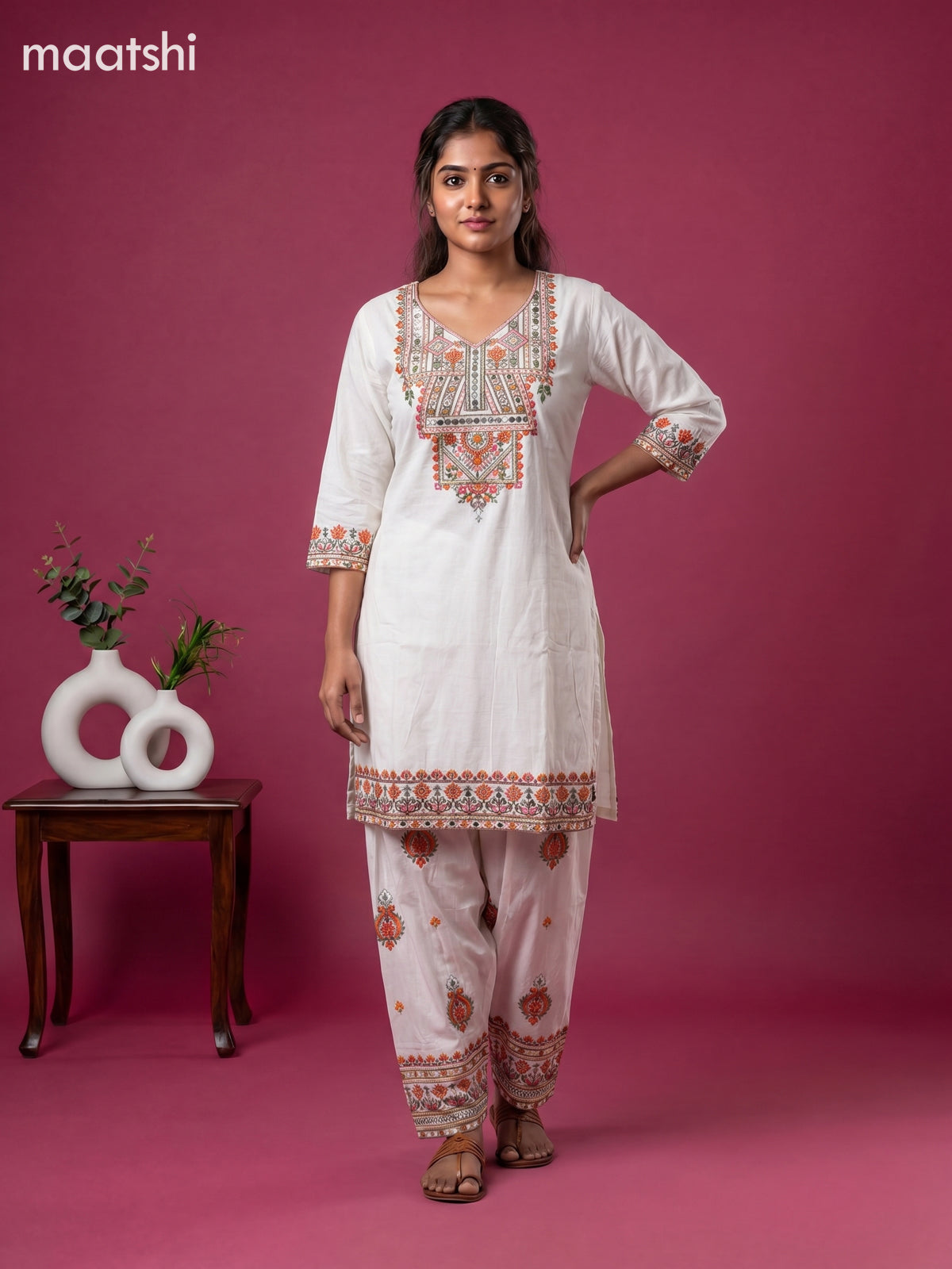 Off White Cotton Embroidery Work Kurti Set