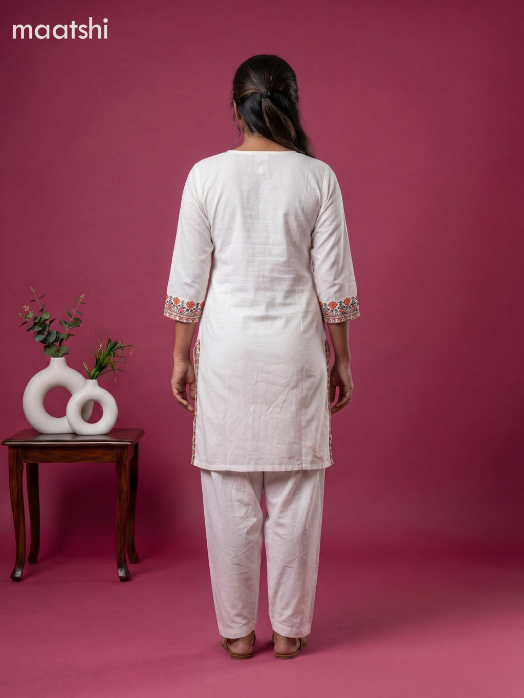 Off White Cotton Embroidery Work Kurti Set