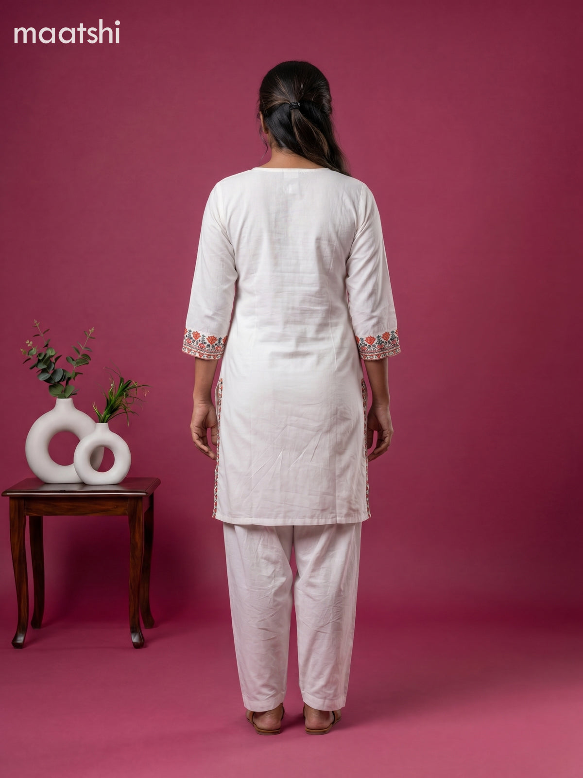 Off White Cotton Embroidery Work Kurti Set