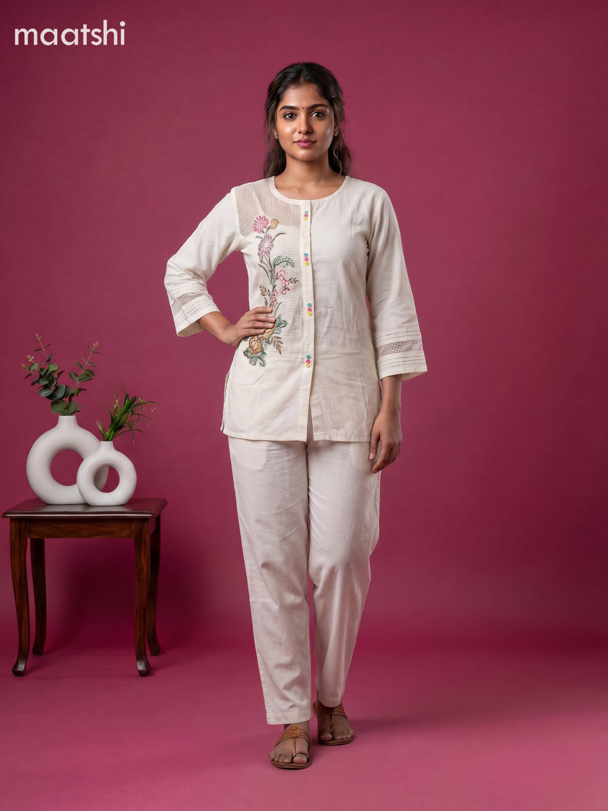 Off White Linen Cotton Floral Embroidery Work Co-Ord Set