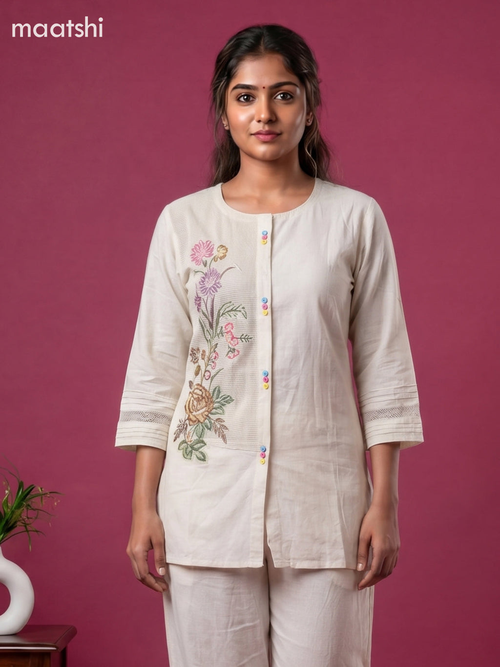 Off White Linen Cotton Floral Embroidery Work Co-Ord Set