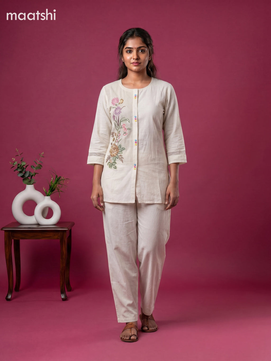 Off White Linen Cotton Floral Embroidery Work Co-Ord Set